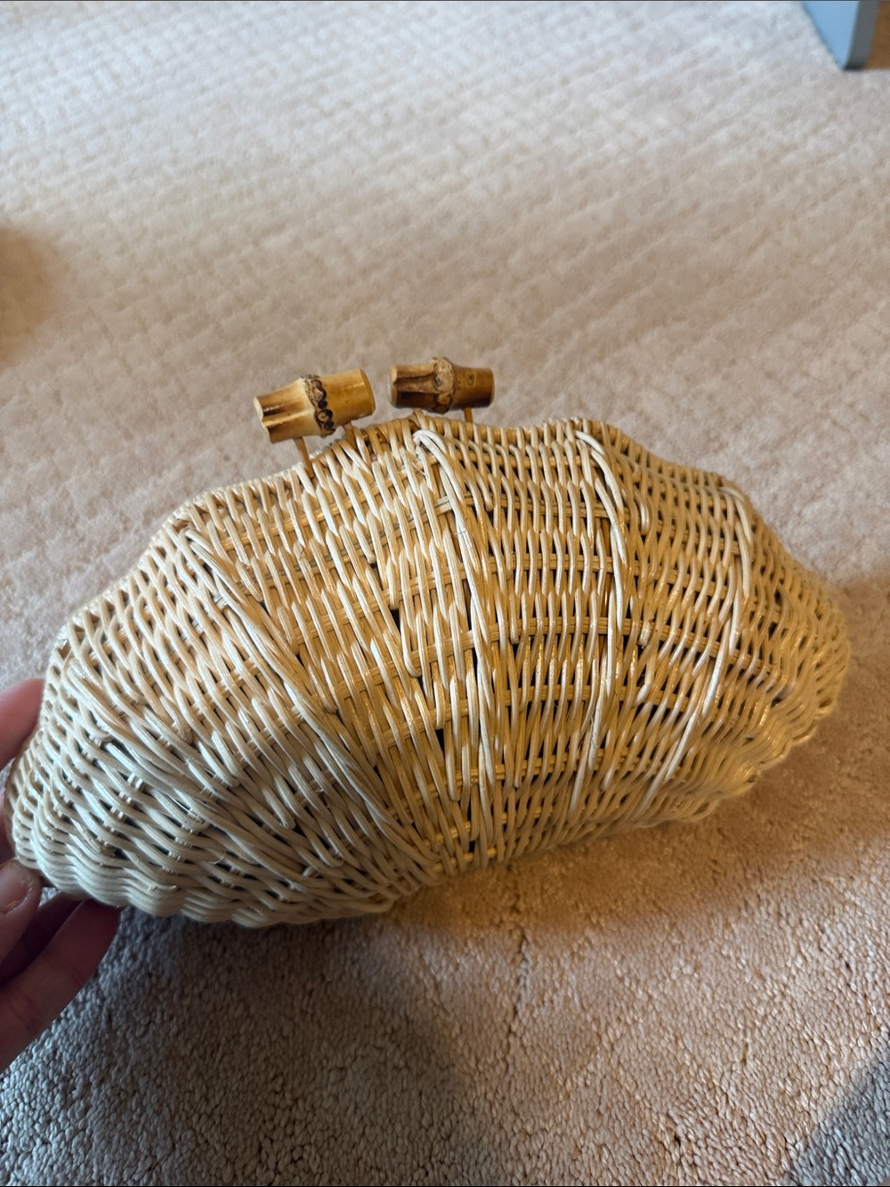 Woven Rattan Clutch Bag in Natural Cream with Bamboo Handles